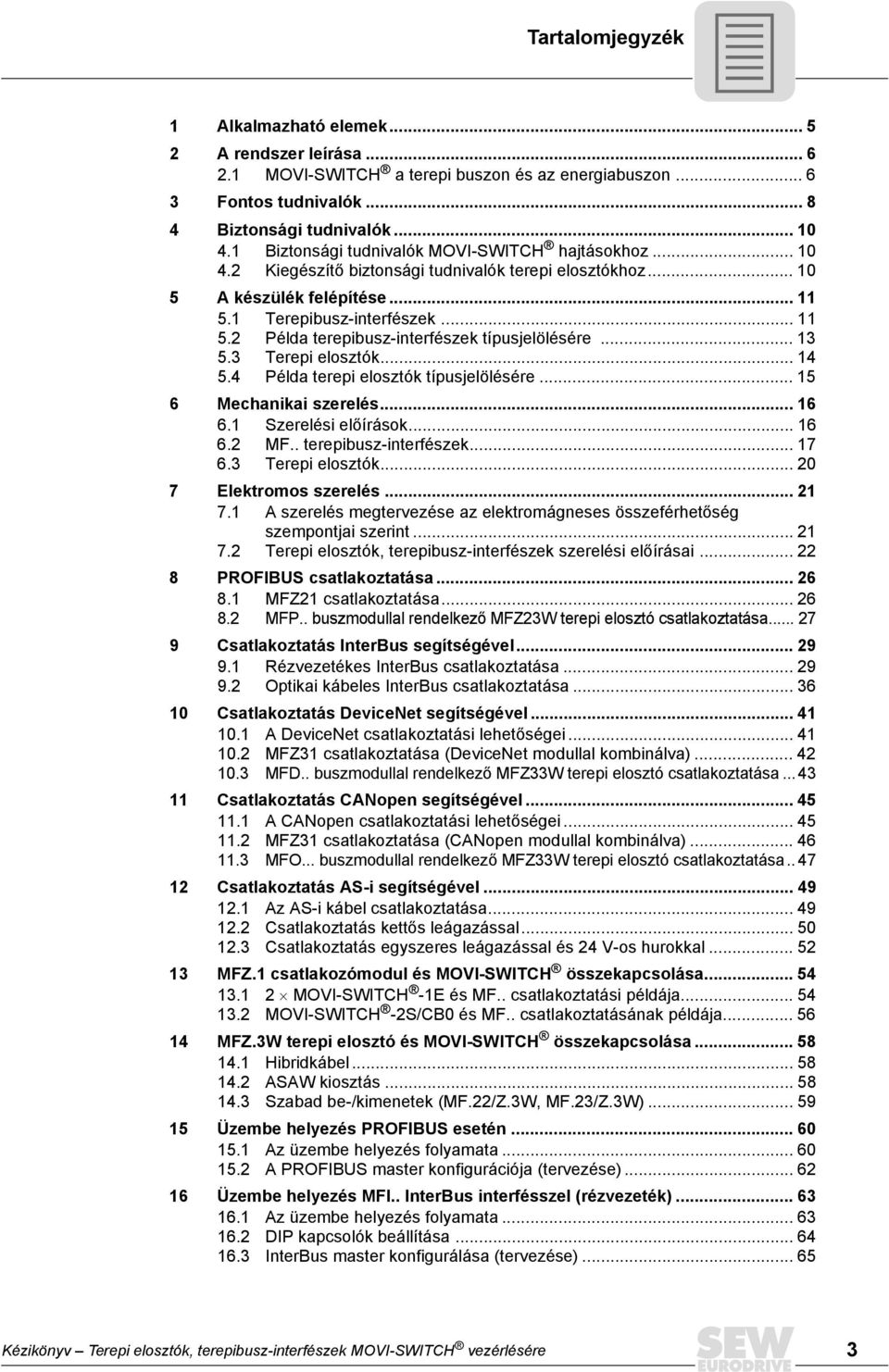 .. 3 5.3 Terepi elosztók... 4 5.4 Példa terepi elosztók típusjelölésére... 5 6 Mechanikai szerelés... 6 6. Szerelési előírások... 6 6. MF.. terepibusz-interfészek... 7 6.3 Terepi elosztók... 0 7 Elektromos szerelés.