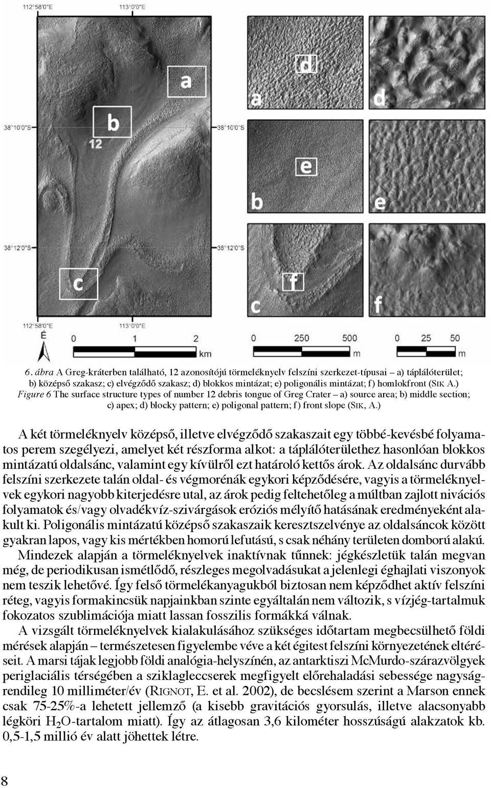 ) Figure 6 The surface structure types of number 12 debris tongue of Greg Crater a) source area; b) middle section; c) apex; d) blocky pattern; e) poligonal pattern; f) front slope (Sik, A.