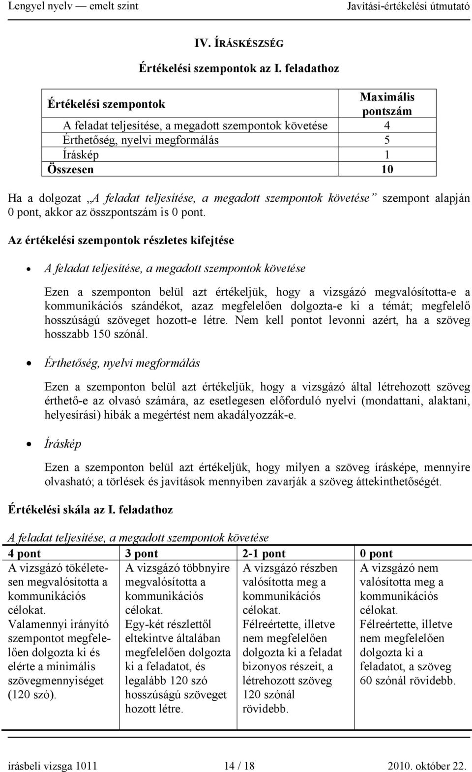 a megadott szempontok követése szempont alapján 0 pont, akkor az összpontszám is 0 pont.