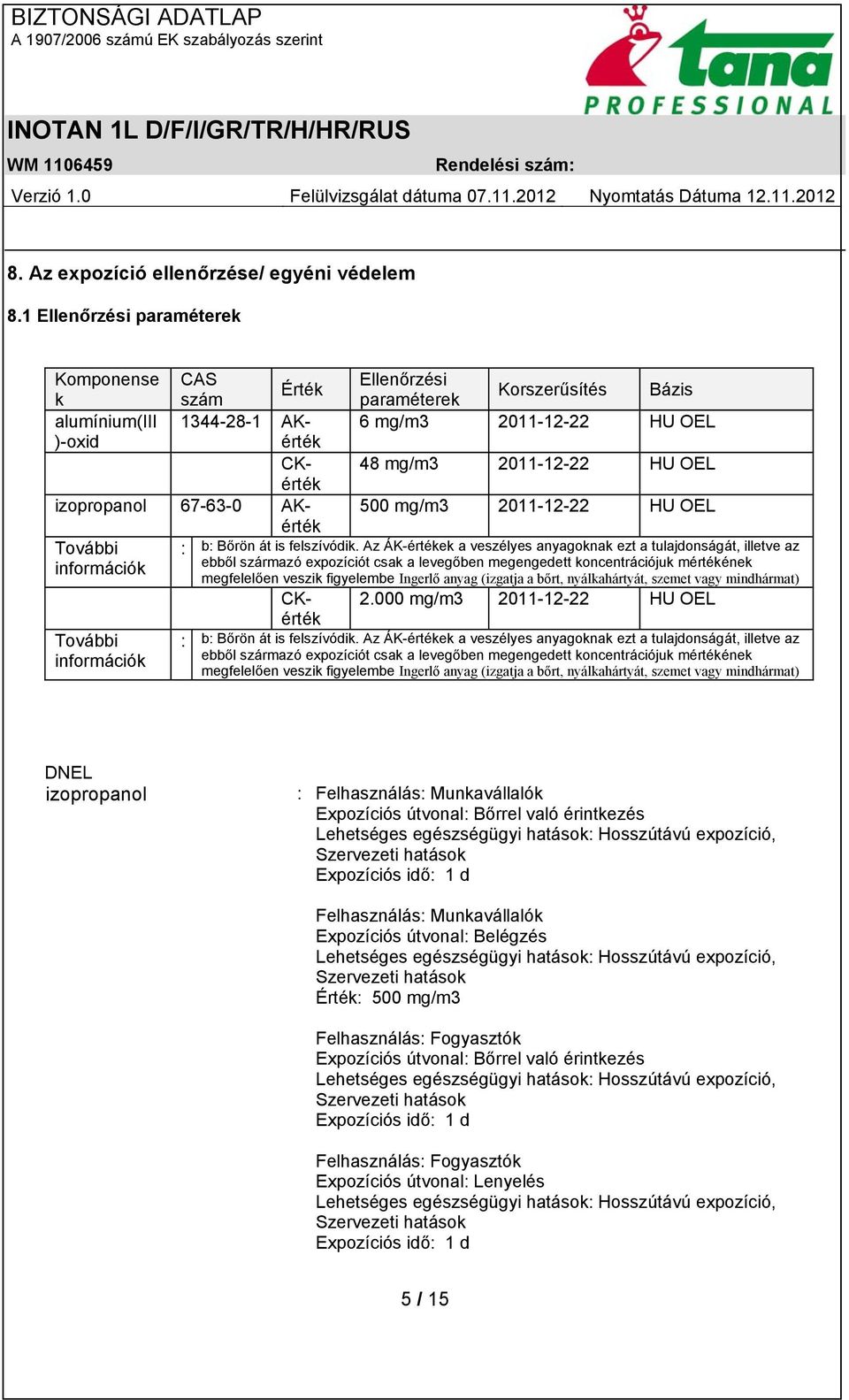 Korszerűsítés Bázis 6 mg/m3 2011-12-22 HU OEL 48 mg/m3 2011-12-22 HU OEL 500 mg/m3 2011-12-22 HU OEL : b: Bőrön át is felszívódik.