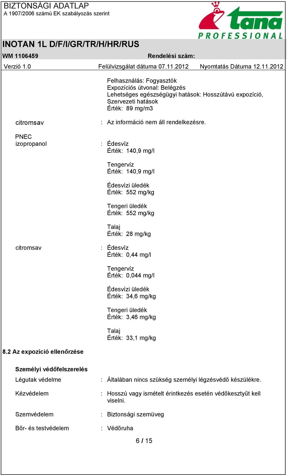 : Édesvíz Érték: 140,9 mg/l Tengervíz Érték: 140,9 mg/l Édesvízi üledék Érték: 552 mg/kg Tengeri üledék Érték: 552 mg/kg Talaj Érték: 28 mg/kg citromsav : Édesvíz Érték: 0,44 mg/l Tengervíz Érték: