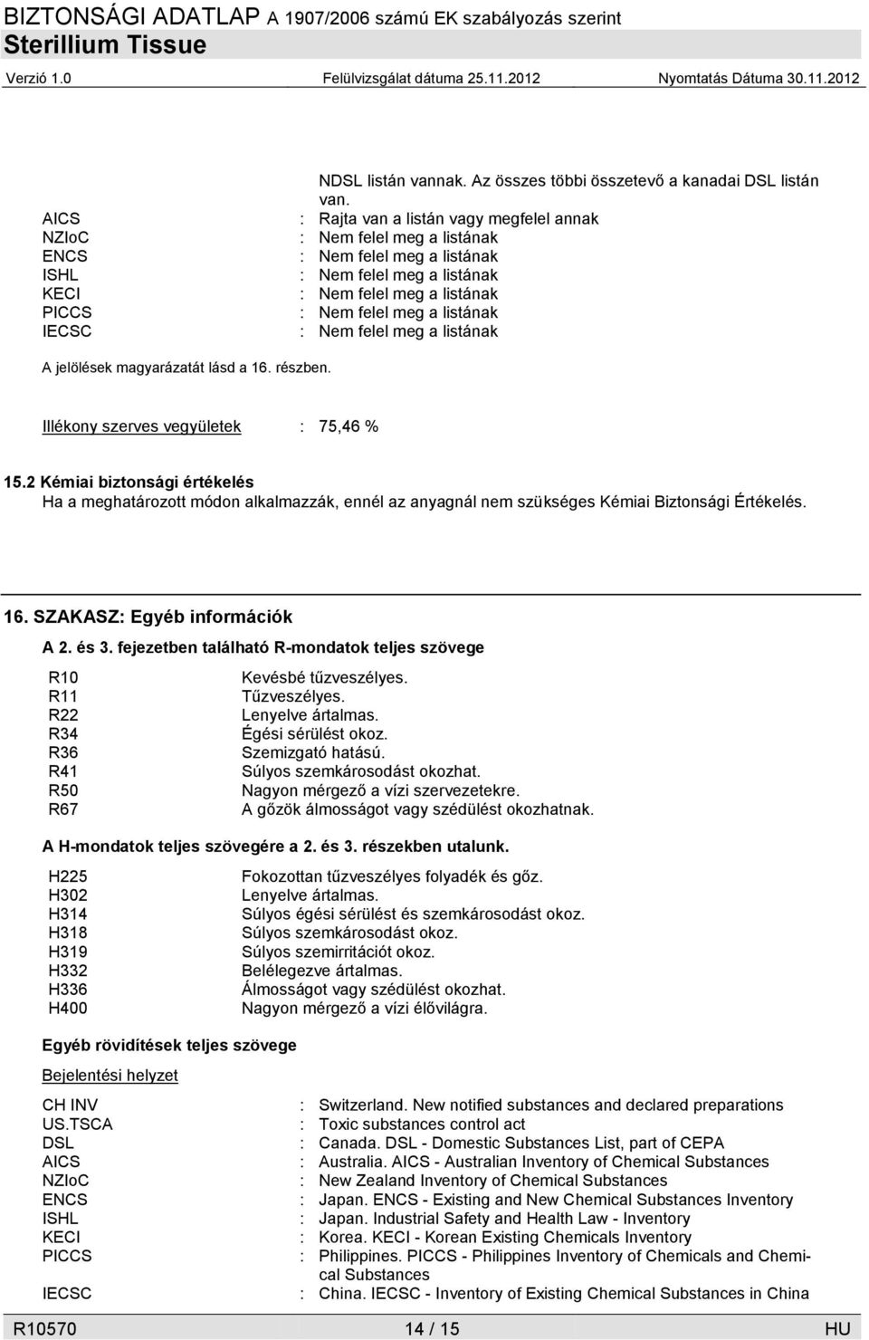 listának A jelölések magyarázatát lásd a 16. részben. Illékony szerves vegyületek : 75,46 % 15.