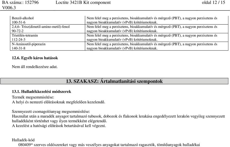 Nem felel meg a perzisztens, bioakkumulatív és mérgező (PBT), a nagyon perzisztens és nagyon bioakkumulatív (vpvb)  12