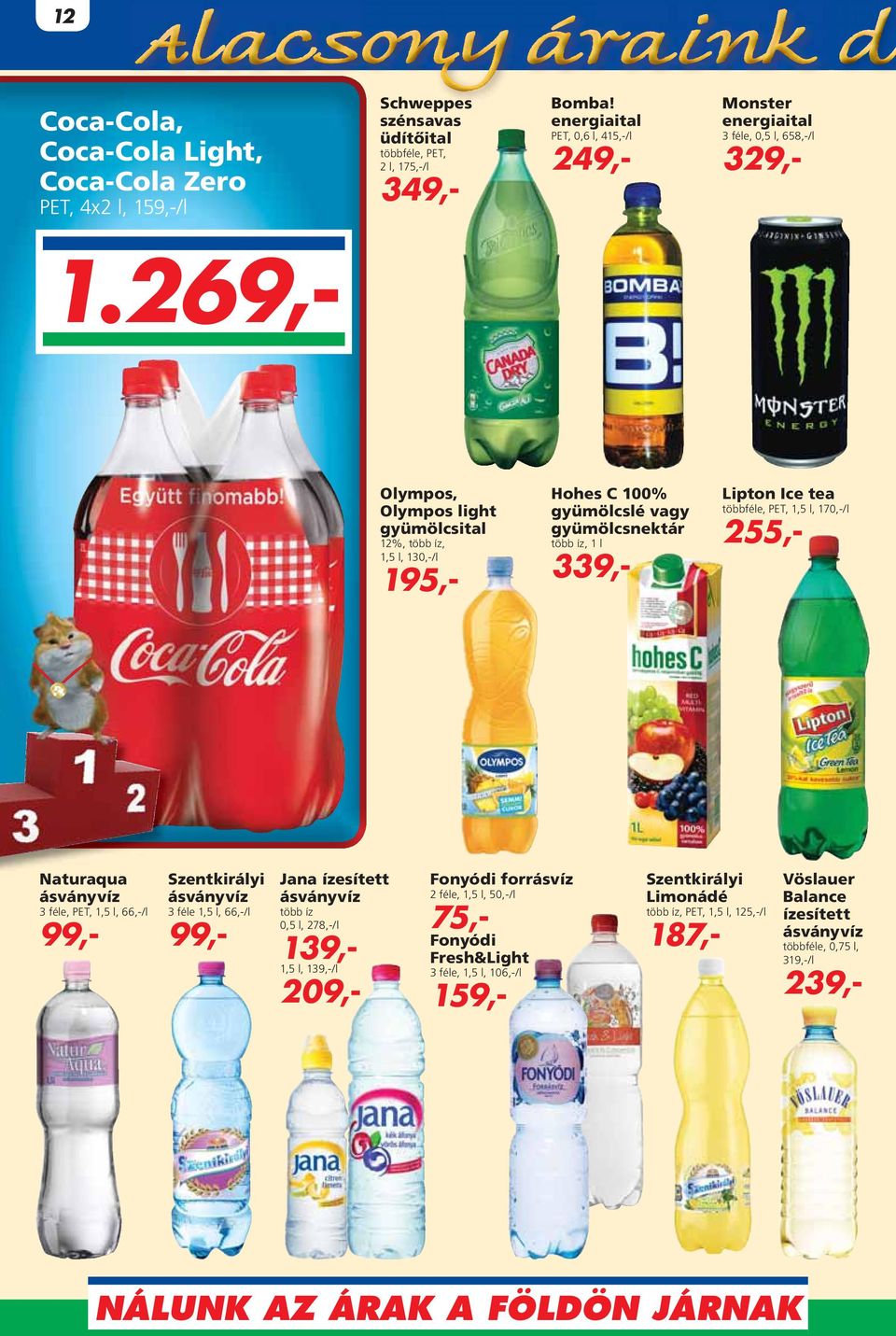 269,- Olympos, Olympos light gyümölcsital 12%, több íz, 1,5 l, 130,-/l 195,- Hohes C 100% gyümölcslé vagy gyümölcsnektár több íz, 1 l 339,- Lipton Ice tea többféle, PET, 1,5 l, 170,-/l 255,-