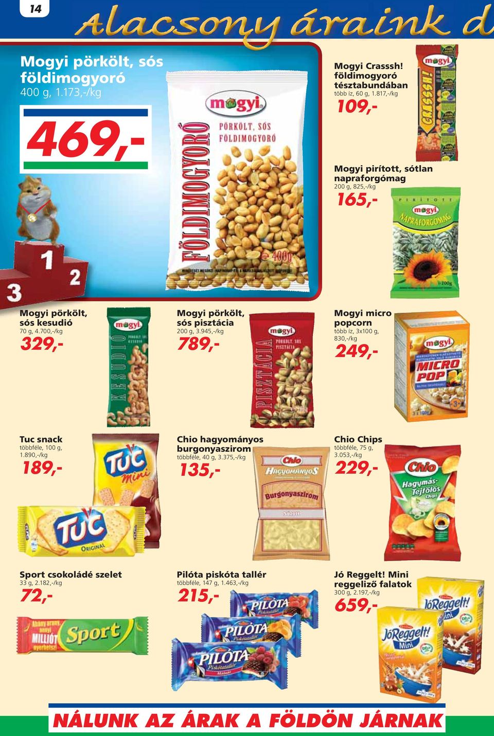 700,-/kg 329,- Mogyi pörkölt, sós pisztácia 200 g, 3.945,-/kg 789,- Mogyi micro popcorn több íz, 3x100 g, 830,-/kg 249,- Tuc snack többféle, 100 g, 1.