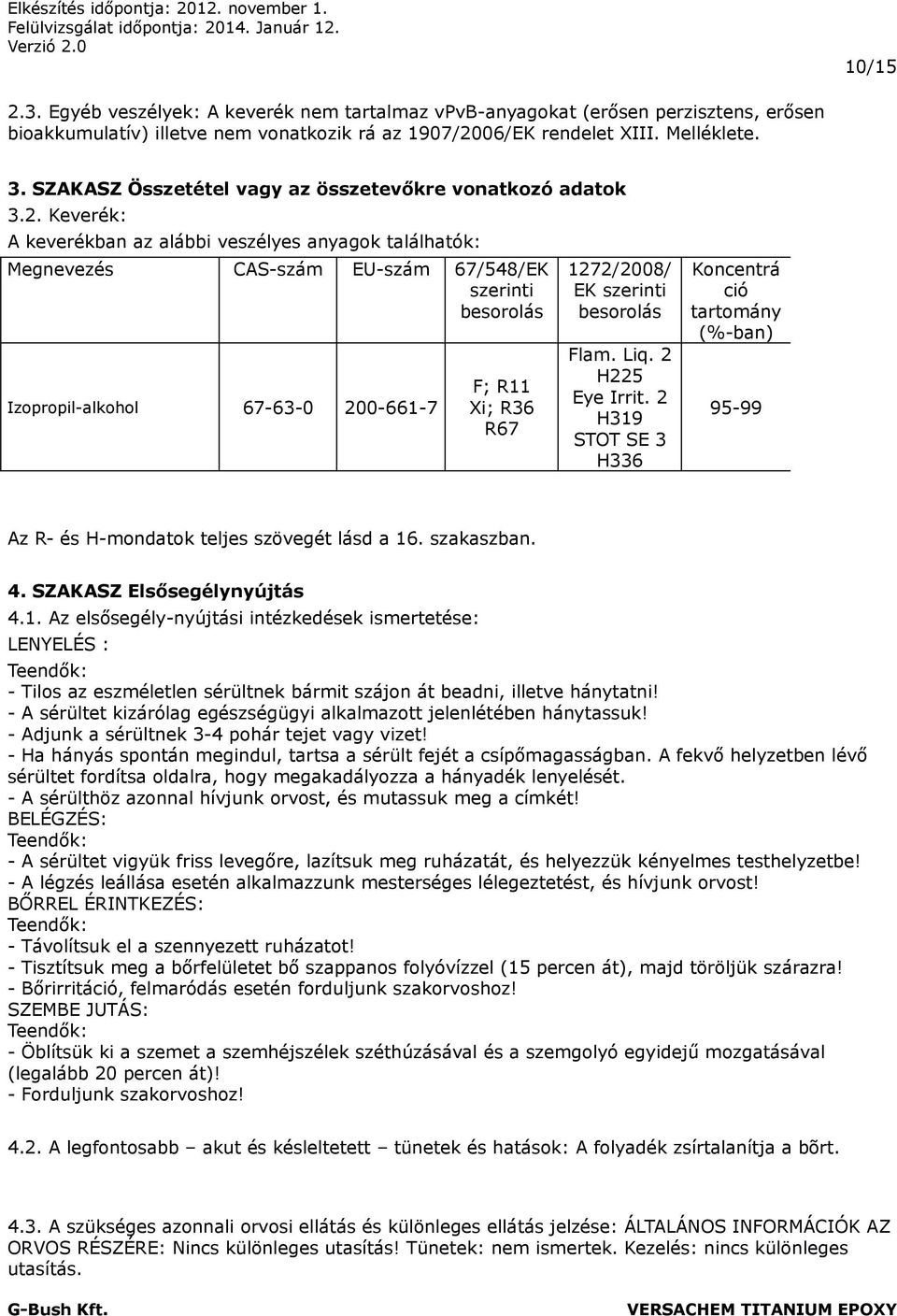Keverék: A keverékban az alábbi veszélyes anyagok találhatók: Megnevezés CAS-szám EU-szám 67/548/EK szerinti besorolás Izopropil-alkohol 67-63-0 200-661-7 F; R11 Xi; R36 R67 1272/2008/ EK szerinti