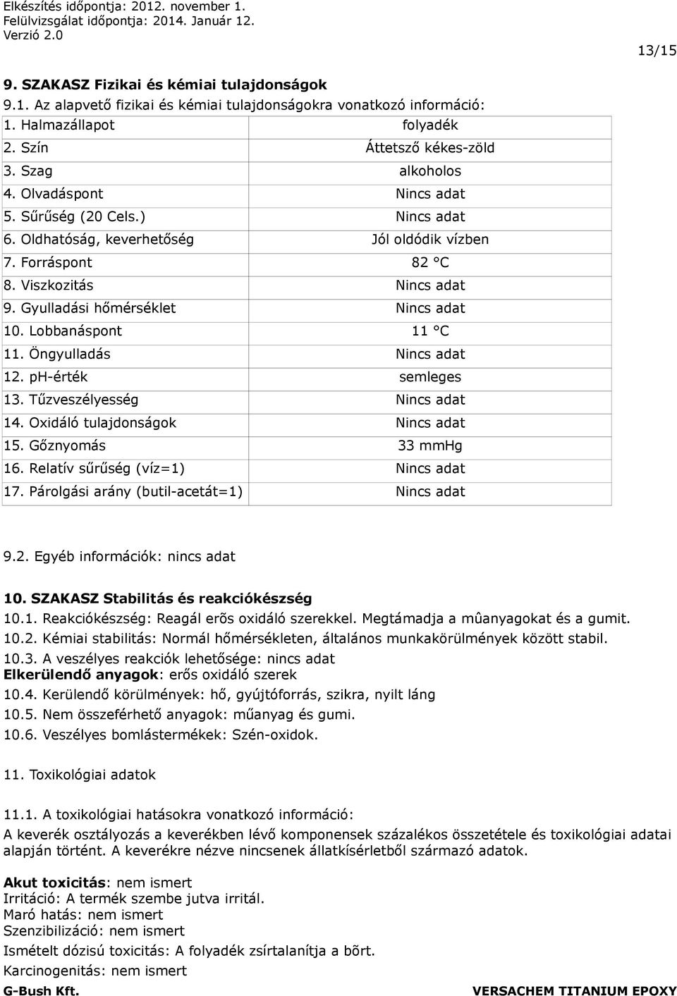 Lobbanáspont 11 C 11. Öngyulladás Nincs adat 12. ph-érték semleges 13. Tűzveszélyesség Nincs adat 14. Oxidáló tulajdonságok Nincs adat 15. Gőznyomás 33 mmhg 16. Relatív sűrűség (víz=1) Nincs adat 17.