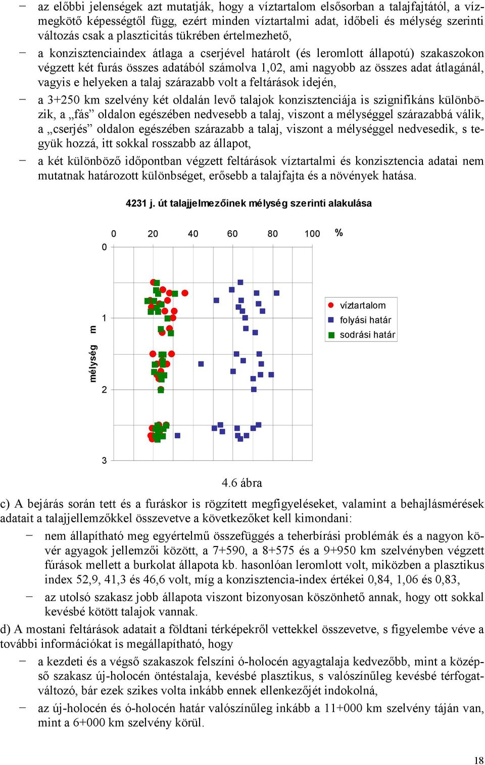 átlagánál, vagyis e helyeken a talaj szárazabb volt a feltárások idején, a 3+250 km szelvény két oldalán levı talajok konzisztenciája is szignifikáns különbözik, a fás oldalon egészében nedvesebb a