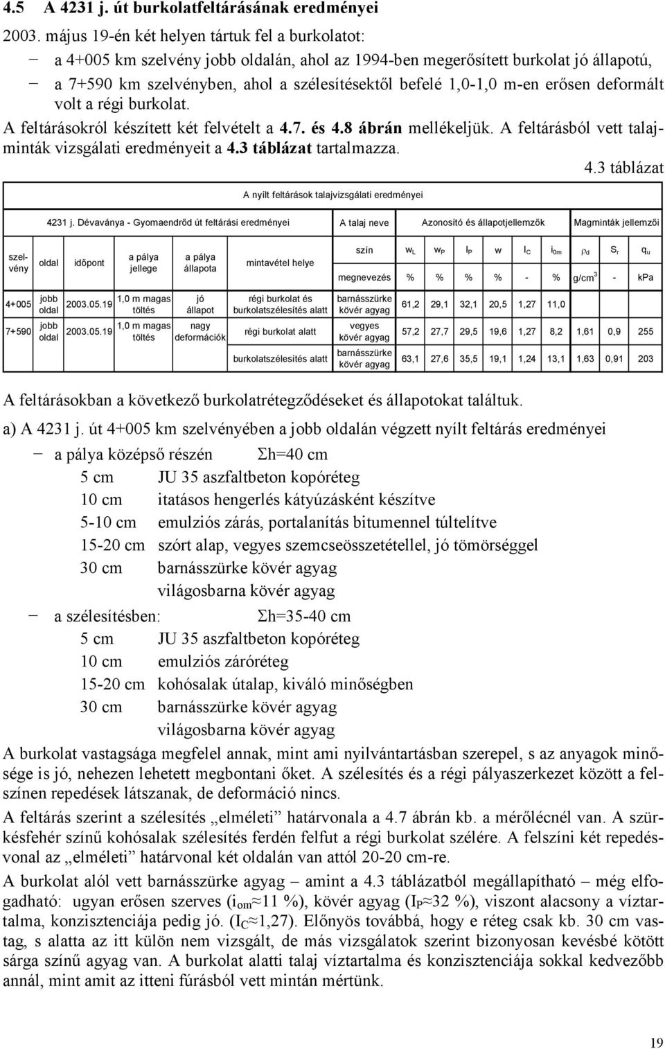 m-en erısen deformált volt a régi burkolat. A feltárásokról készített két felvételt a 4.7. és 4.8 ábrán mellékeljük. A feltárásból vett talajminták vizsgálati eredményeit a 4.3 táblázat tartalmazza.
