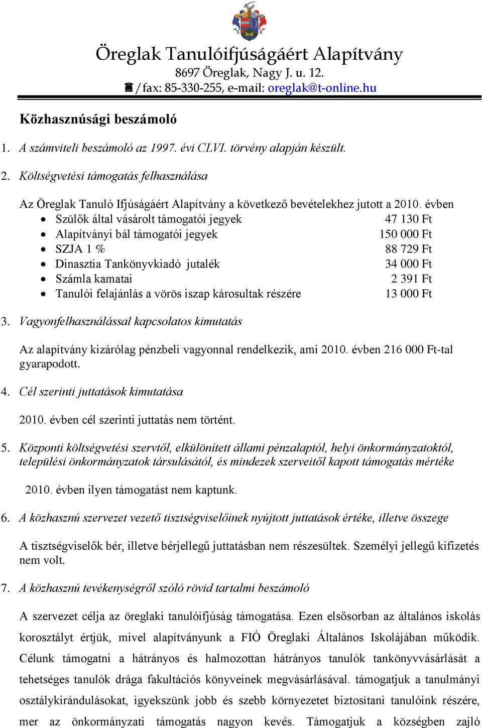 évben Szülők által vásárolt támogatói jegyek 47 130 Ft Alapítványi bál támogatói jegyek 150 000 Ft SZJA 1 % 88 729 Ft Dinasztia Tankönyvkiadó jutalék 34 000 Ft Számla kamatai 2 391 Ft Tanulói