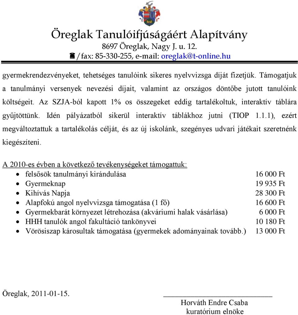 A 2010-es évben a következő tevékenységeket támogattuk: felsősök tanulmányi kirándulása Gyermeknap Kihívás Napja Alapfokú angol nyelvvizsga támogatása (1 fő) Gyermekbarát környezet létrehozása