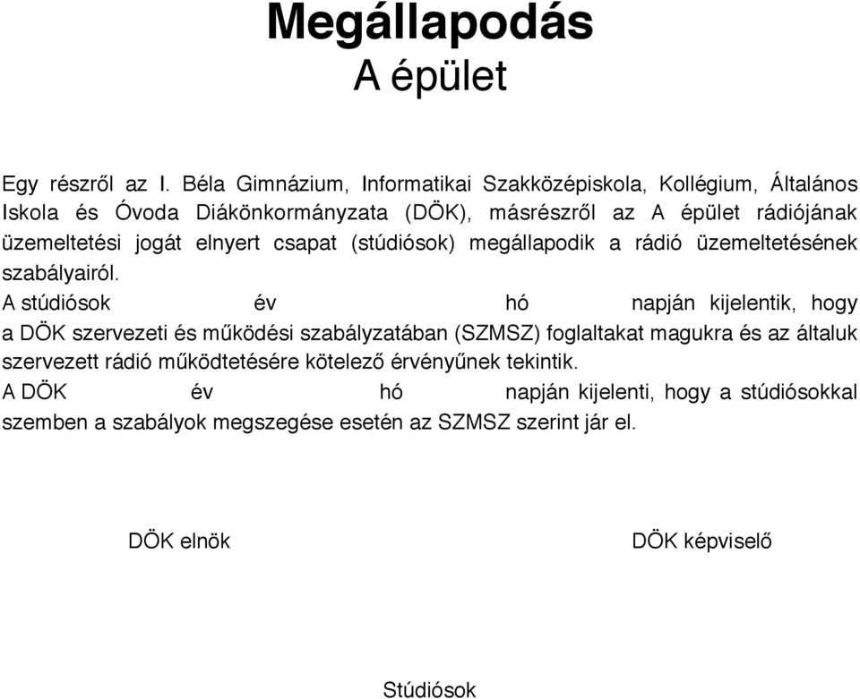 üzemeltetési jogát elnyert csapat (stúdiósok) megállapodik a rádió üzemeltetésének szabályairól.