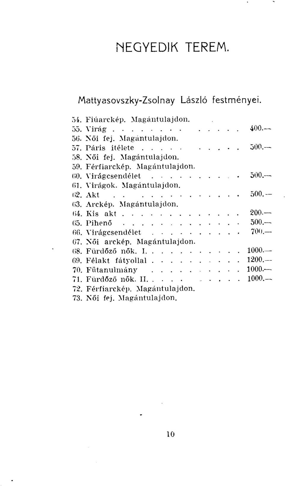 Akt 500. 63. Arckép. Magántulajdon. 64. Kis akt 200. 65. Pihenő 500. 66. Virágcsendélet 700. 67. Női arckép. Magántulajdon. 68. Fürdőző nők.