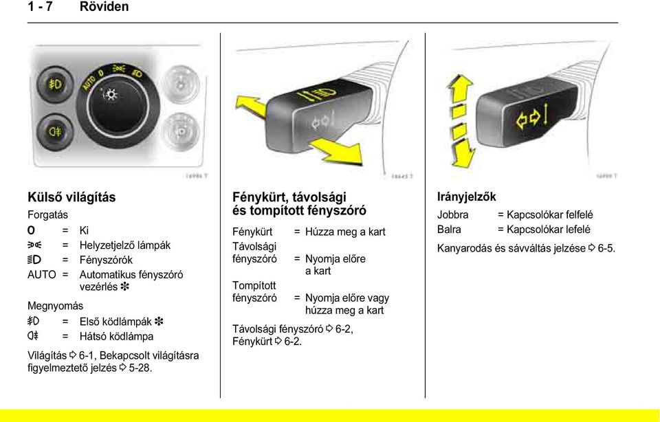 Fénykürt, távolsági és tompított fényszóró Fénykürt Távolsági fényszóró Tompított fényszóró = Húzza meg a kart = Nyomja előre akart =