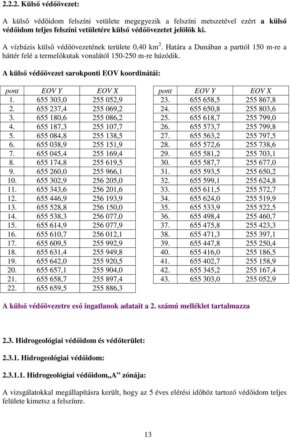 A külső védőövezet sarokponti EOV koordinátái: pont EOV Y EOV X 1. 655 303,0 255 052,9 2. 655 237,4 255 069,2 3. 655 180,6 255 086,2 4. 655 187,3 255 107,7 5. 655 084,8 255 138,5 6.