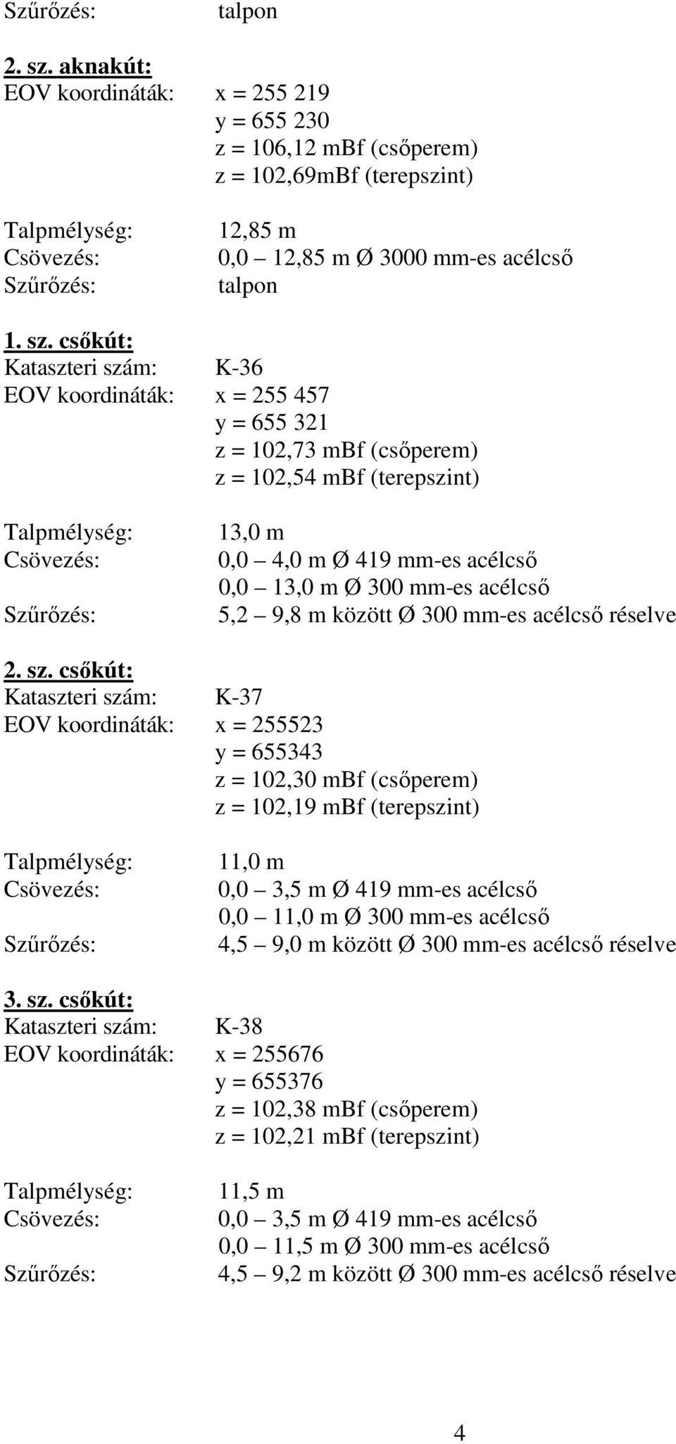 csőkút: Kataszteri szám: K-36 EOV koordináták: x = 255 457 y = 655 321 z = 102,73 mbf (csőperem) z = 102,54 mbf (terepszint) Talpmélység: Csövezés: Szűrőzés: 13,0 m 0,0 4,0 m Ø 419 mm-es acélcső 0,0