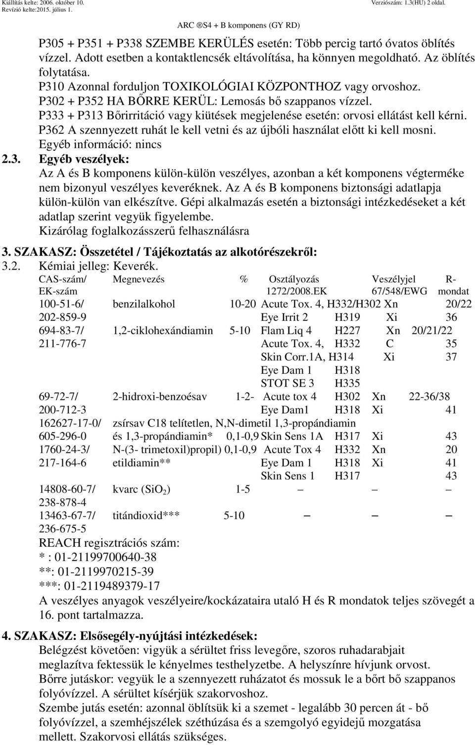 P333 + P313 Bőrirritáció vagy kiütések megjelenése esetén: orvosi ellátást kell kérni. P362 A szennyezett ruhát le kell vetni és az újbóli használat előtt ki kell mosni. Egyéb információ: nincs 2.3. Egyéb veszélyek: Az A és B komponens külön-külön veszélyes, azonban a két komponens végterméke nem bizonyul veszélyes keveréknek.