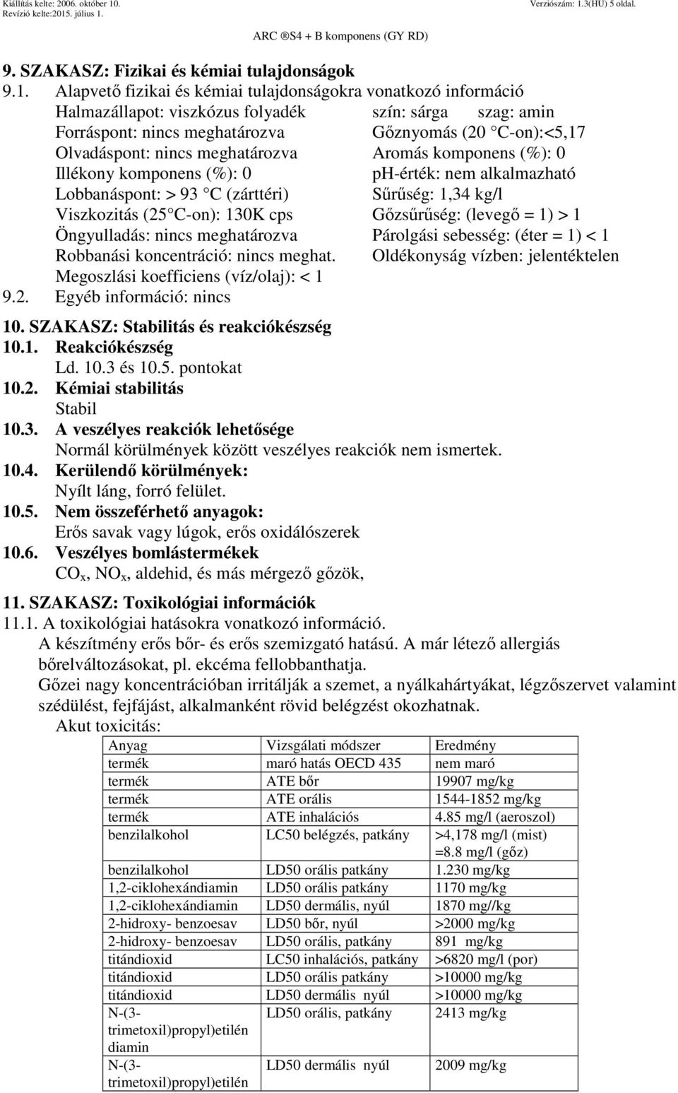 Alapvető fizikai és kémiai tulajdonságokra vonatkozó információ Halmazállapot: viszkózus folyadék szín: sárga szag: amin Forráspont: nincs meghatározva Gőznyomás (20 C-on):<5,17 Olvadáspont: nincs