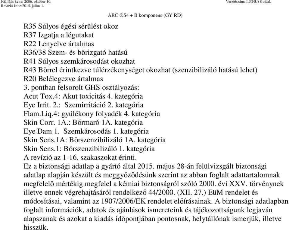 (szenzibilizáló hatású lehet) R20 Belélegezve ártalmas 3. pontban felsorolt GHS osztályozás: Acut Tox.4: Akut toxicitás 4. kategória Eye Irrit. 2.: Szemirritáció 2. kategória Flam.Liq.