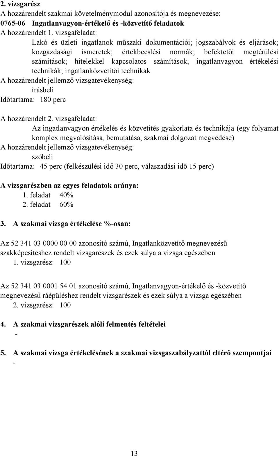 számítások; ingatlanvagyon értékelési technikák; ingatlanközvetítői technikák A hozzárendelt jellemző vizsgatevékenység: írásbeli Időtartama: 180 perc A hozzárendelt 2.