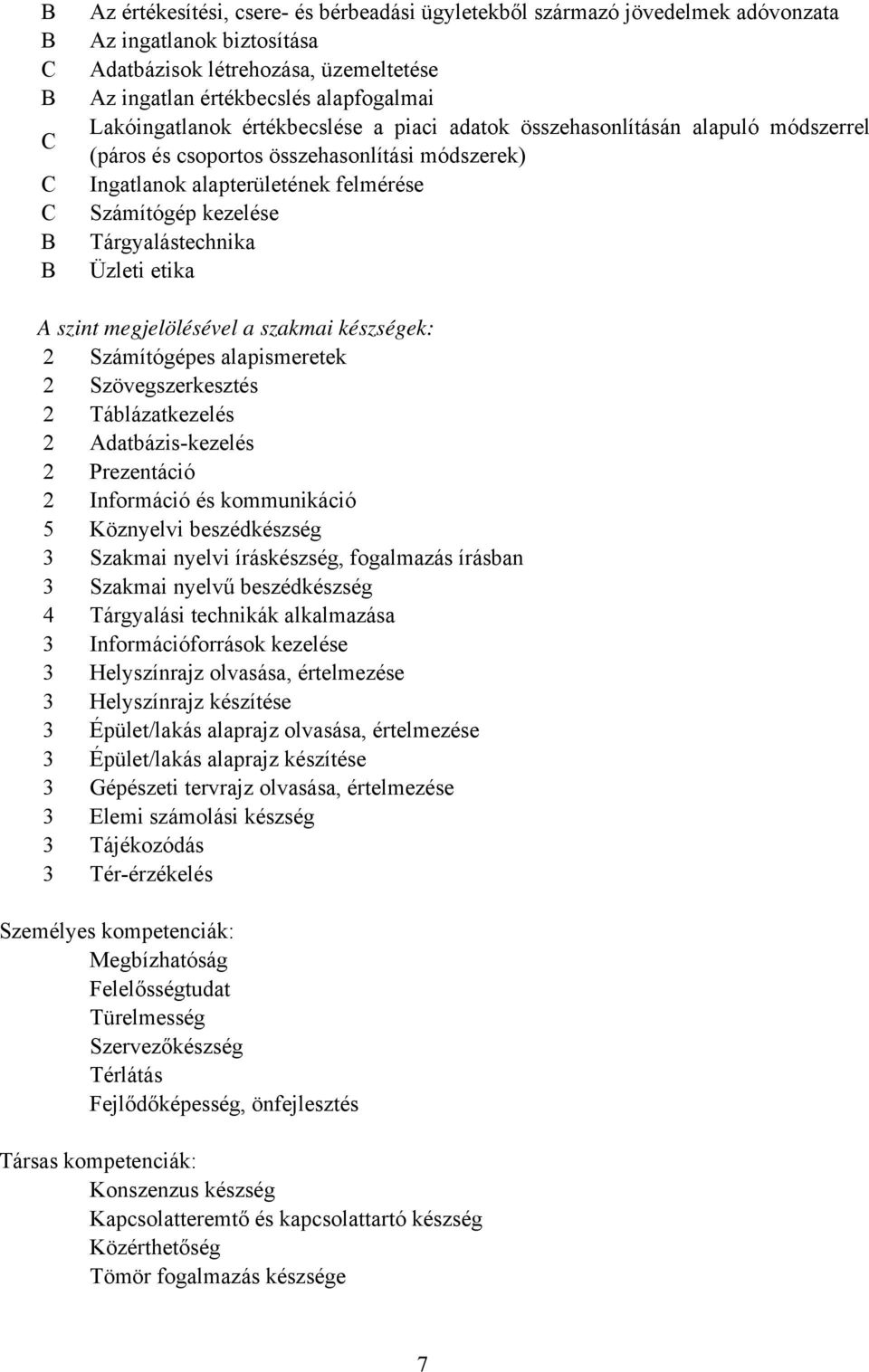 etika A szint megjelölésével a szakmai készségek: 2 Számítógépes alapismeretek 2 Szövegszerkesztés 2 Táblázatkezelés 2 Adatbázis-kezelés 2 Prezentáció 2 Információ és kommunikáció 5 Köznyelvi