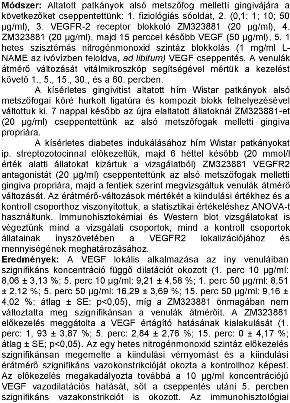 A venulák átmérő változását vitálmikroszkóp segítségével mértük a kezelést követő 1., 5., 15., 30., és a 60. percben.