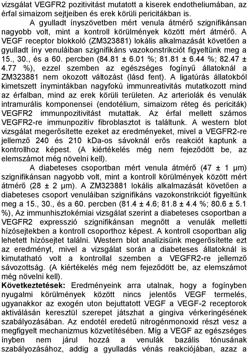 A VEGF receptor blokkoló (ZM323881) lokális alkalmazását követően a gyulladt íny venuláiban szignifikáns vazokonstrikciót figyeltünk meg a 15., 30., és a 60. percben (84.81 ± 6.01 %; 81.81 ± 6.44 %; 82.