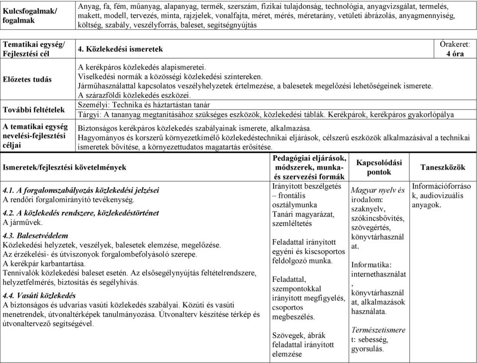 egység nevelési-fejlesztési céljai 4. Közlekedési ismeretek Ismeretek/fejlesztési követelmények A kerékpáros közlekedés alapismeretei. Viselkedési normák a közösségi közlekedési színtereken.