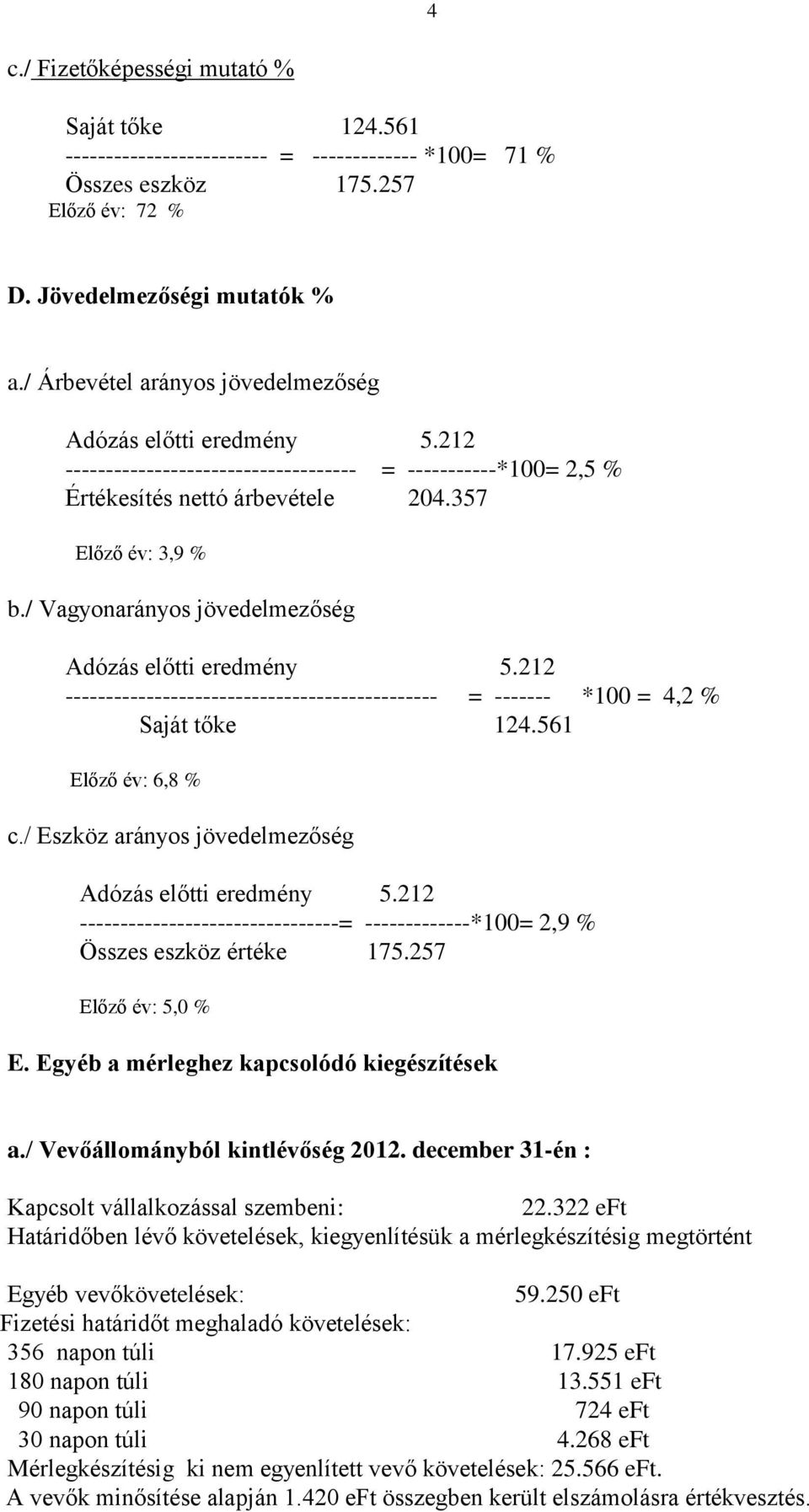 / Vagyonarányos jövedelmezőség ---------------------------------------------- = ------- *100 = 4,2 % Saját tőke 124.561 Előző év: 6,8 % c.