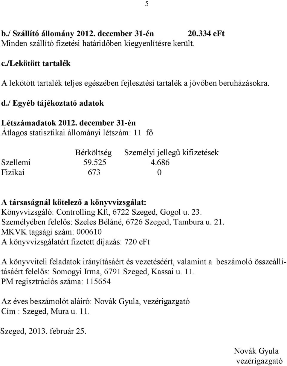 december 31-én Átlagos statisztikai állományi létszám: 11 fő Bérköltség Személyi jellegű kifizetések Szellemi 59.525 4.