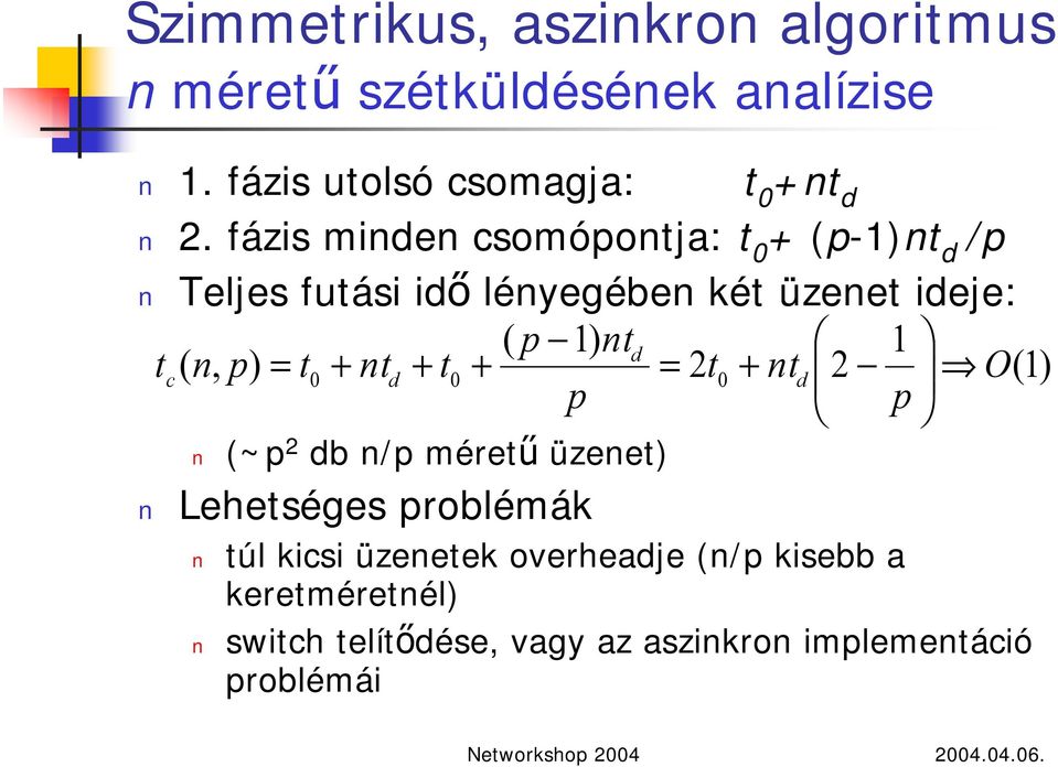 n, p) = t0 + ntd + t0 + = 2t0 + ntd 2 O() p p (~p 2 db n/p méretű üzenet) Lehetséges problémák túl kicsi