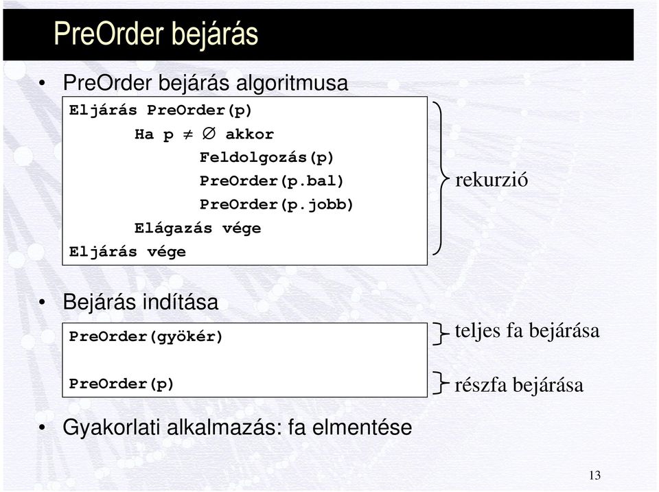 PreOrder(gyökér) PreOrder(p.bal) PreOrder(p.