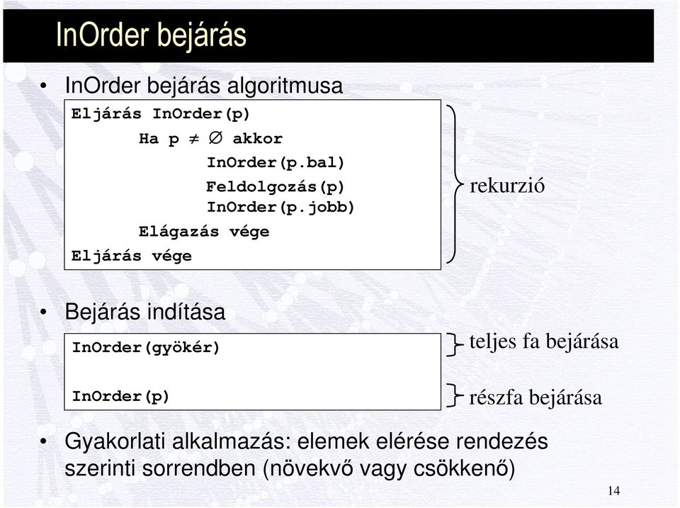 jobb) rekurzió Bejárás indítása InOrder(gyökér) InOrder(p) teljes fa bejárása