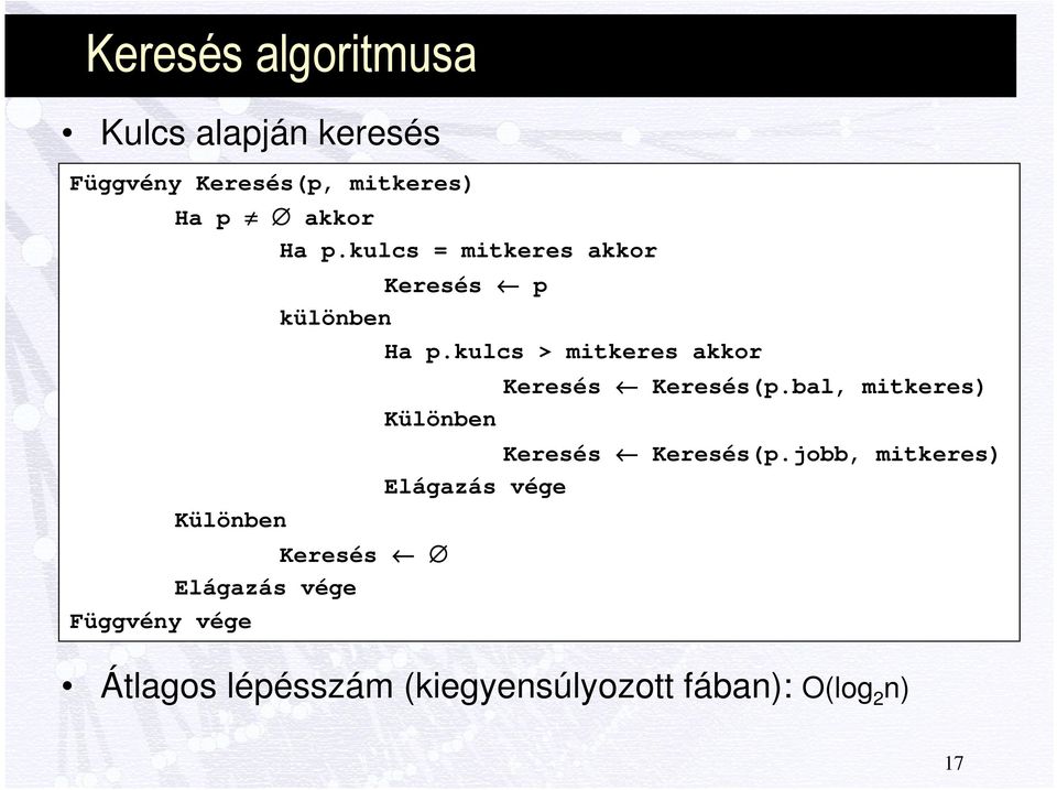 kulcs > mitkeres akkor Különben Keresés Elágazás vége Keresés Keresés(p.