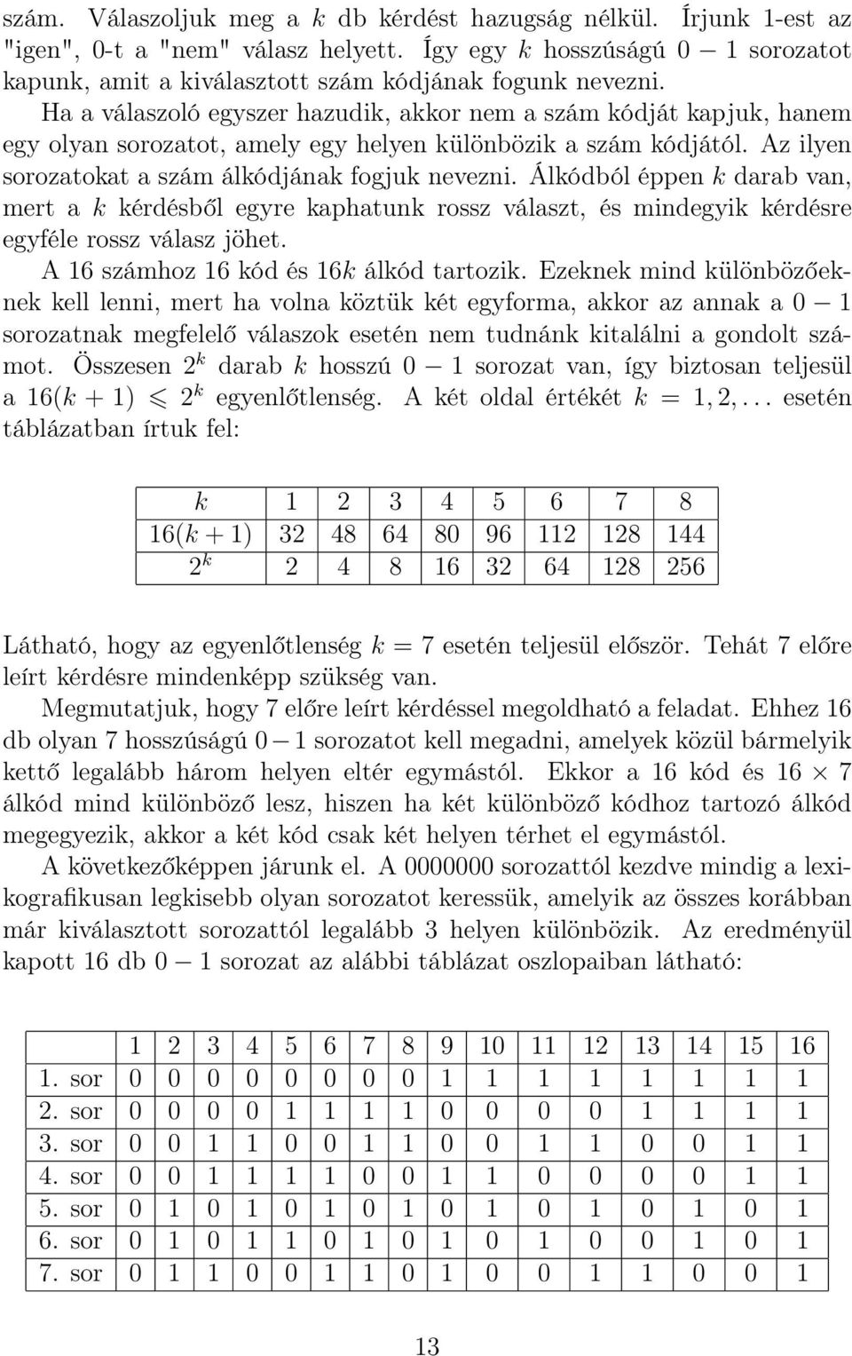 Álkódból éppen k darab van, mert a k kérdésből egyre kaphatunk rossz választ, és mindegyik kérdésre egyféle rossz válasz jöhet. A 16 számhoz 16 kód és 16k álkód tartozik.
