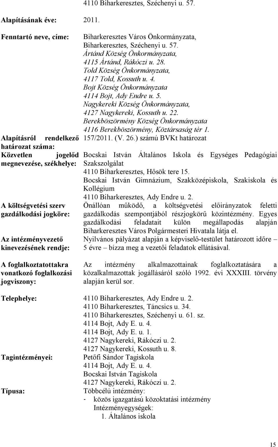 foglalkoztatottakra vonatkozó foglalkozási jogviszony: Biharkeresztes Város Önkormányzata, Biharkeresztes, Széchenyi u. 57. Ártánd Község Önkormányzata, 4115 Ártánd, Rákóczi u. 28.