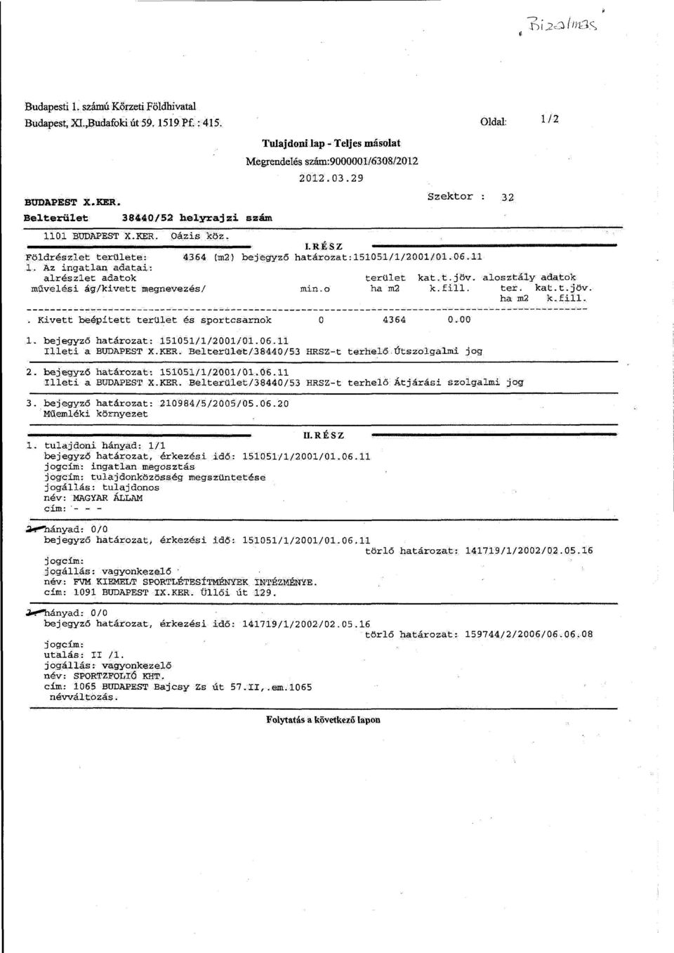 06.11 1. Az ingatlan adatai: alrészlet adatok terület kat.t.jöv. alosztály adatok művelési ág/kivett megnevezés/ min.o ha m2 k.fill. ter. kat.t.jöv. ha m2 k.fill.. Kivett beépitett terület és sportcsarnok o 4 364 Oldal: 0.