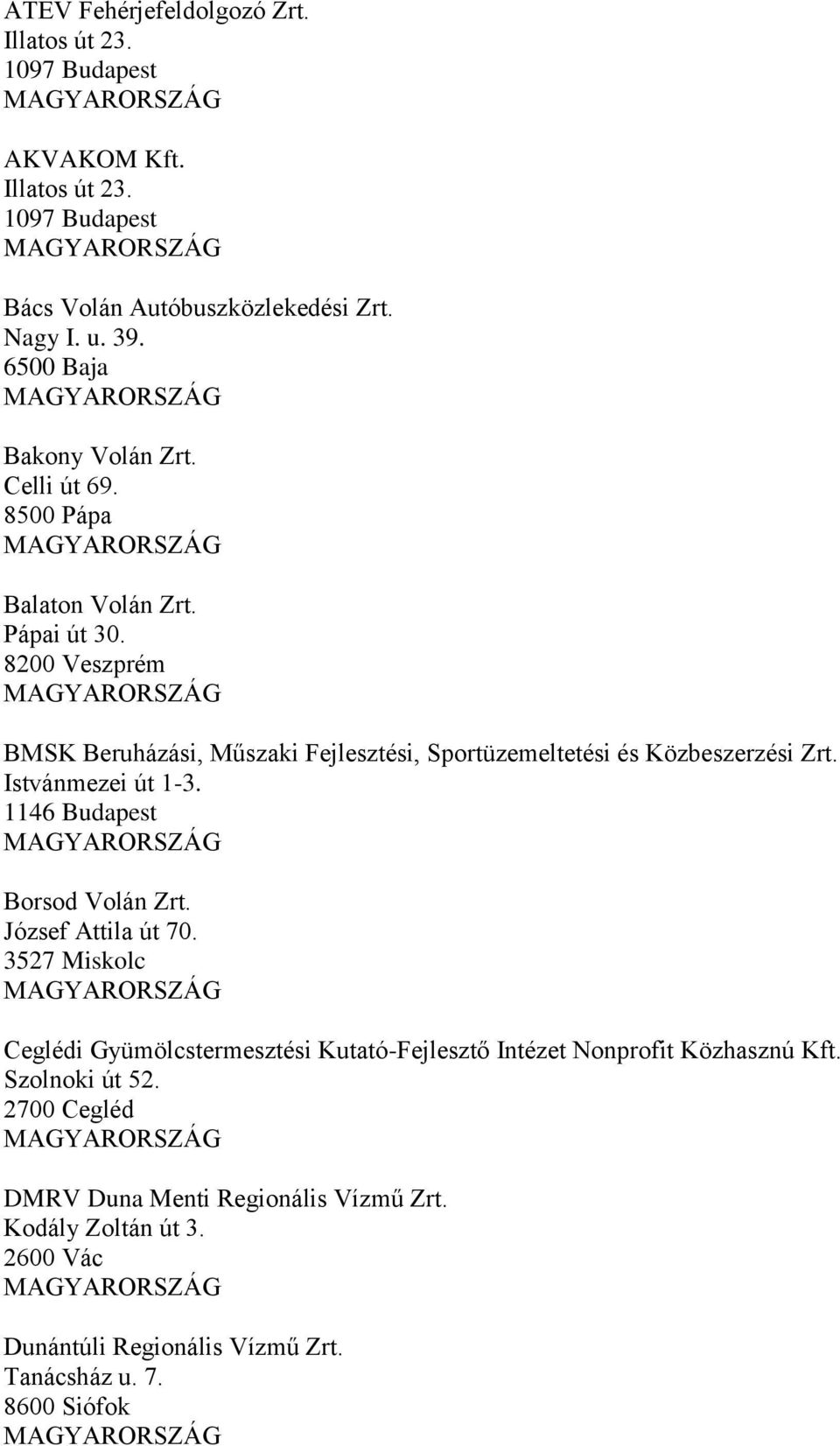 8200 Veszprém BMSK Beruházási, Műszaki Fejlesztési, Sportüzemeltetési és Közbeszerzési Zrt. Istvánmezei út 1-3. 1146 Budapest Borsod Volán Zrt.