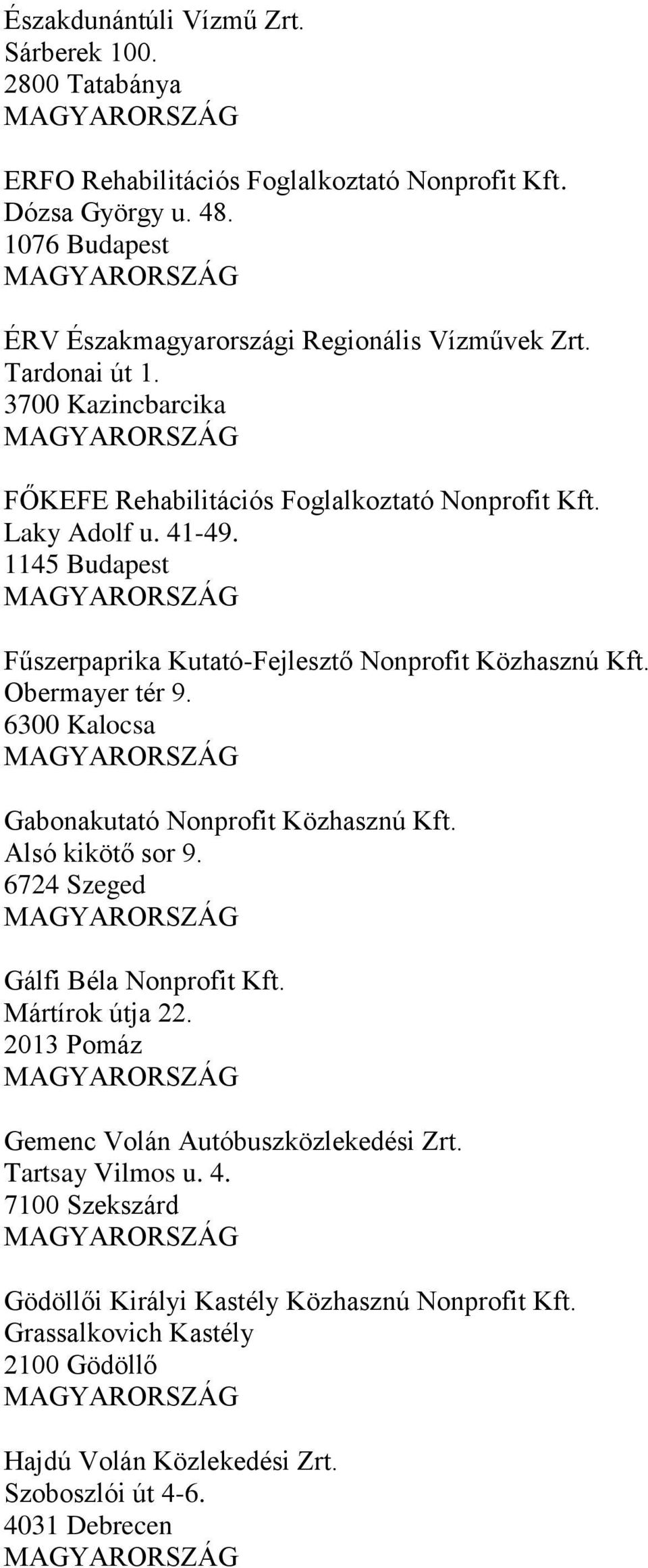 1145 Budapest Fűszerpaprika Kutató-Fejlesztő Nonprofit Közhasznú Kft. Obermayer tér 9. 6300 Kalocsa Gabonakutató Nonprofit Közhasznú Kft. Alsó kikötő sor 9.