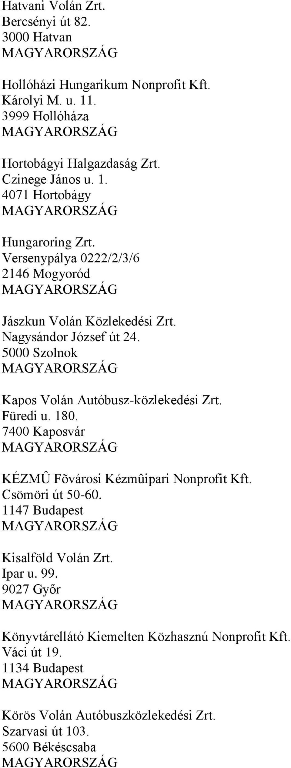 5000 Szolnok Kapos Volán Autóbusz-közlekedési Zrt. Füredi u. 180. 7400 Kaposvár KÉZMÛ Fõvárosi Kézmûipari Nonprofit Kft. Csömöri út 50-60.