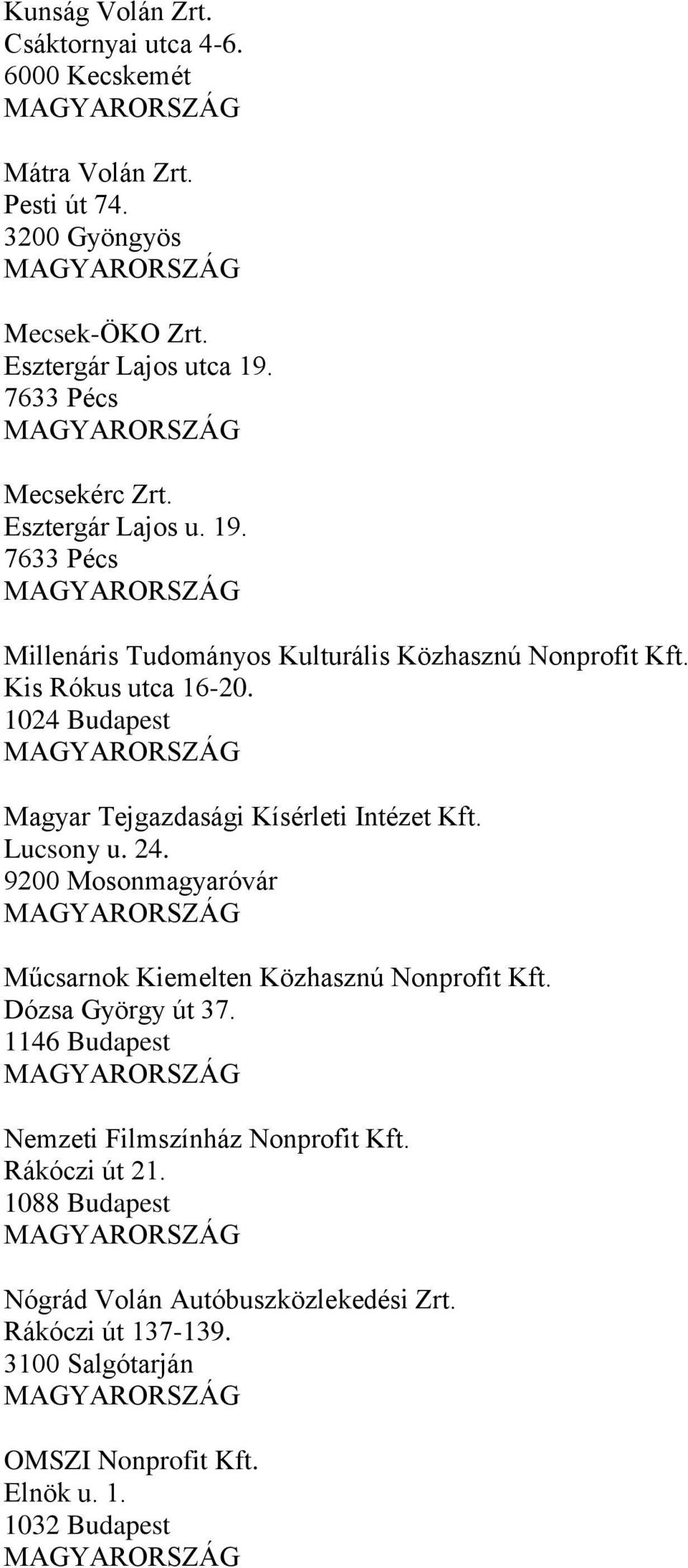 1024 Budapest Magyar Tejgazdasági Kísérleti Intézet Kft. Lucsony u. 24. 9200 Mosonmagyaróvár Műcsarnok Kiemelten Közhasznú Nonprofit Kft. Dózsa György út 37.
