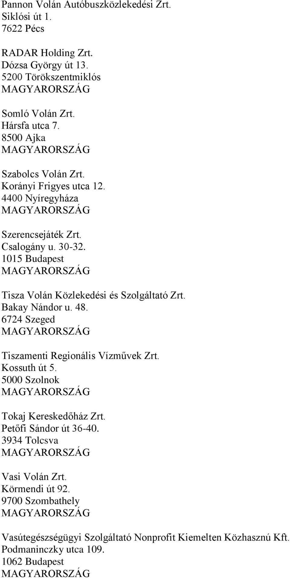 1015 Budapest Tisza Volán Közlekedési és Szolgáltató Zrt. Bakay Nándor u. 48. 6724 Szeged Tiszamenti Regionális Vízművek Zrt. Kossuth út 5.