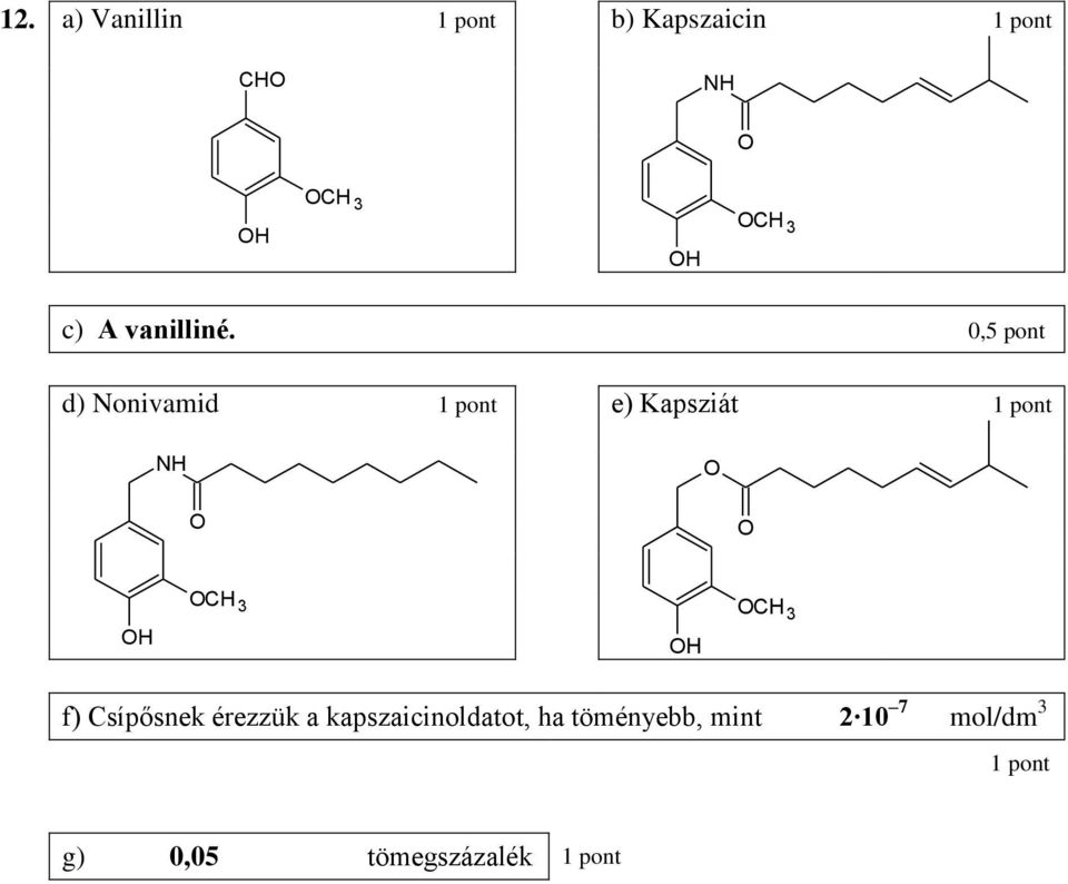0,5 pont d) Nonivamid e) Kapsziát H CH H CH )