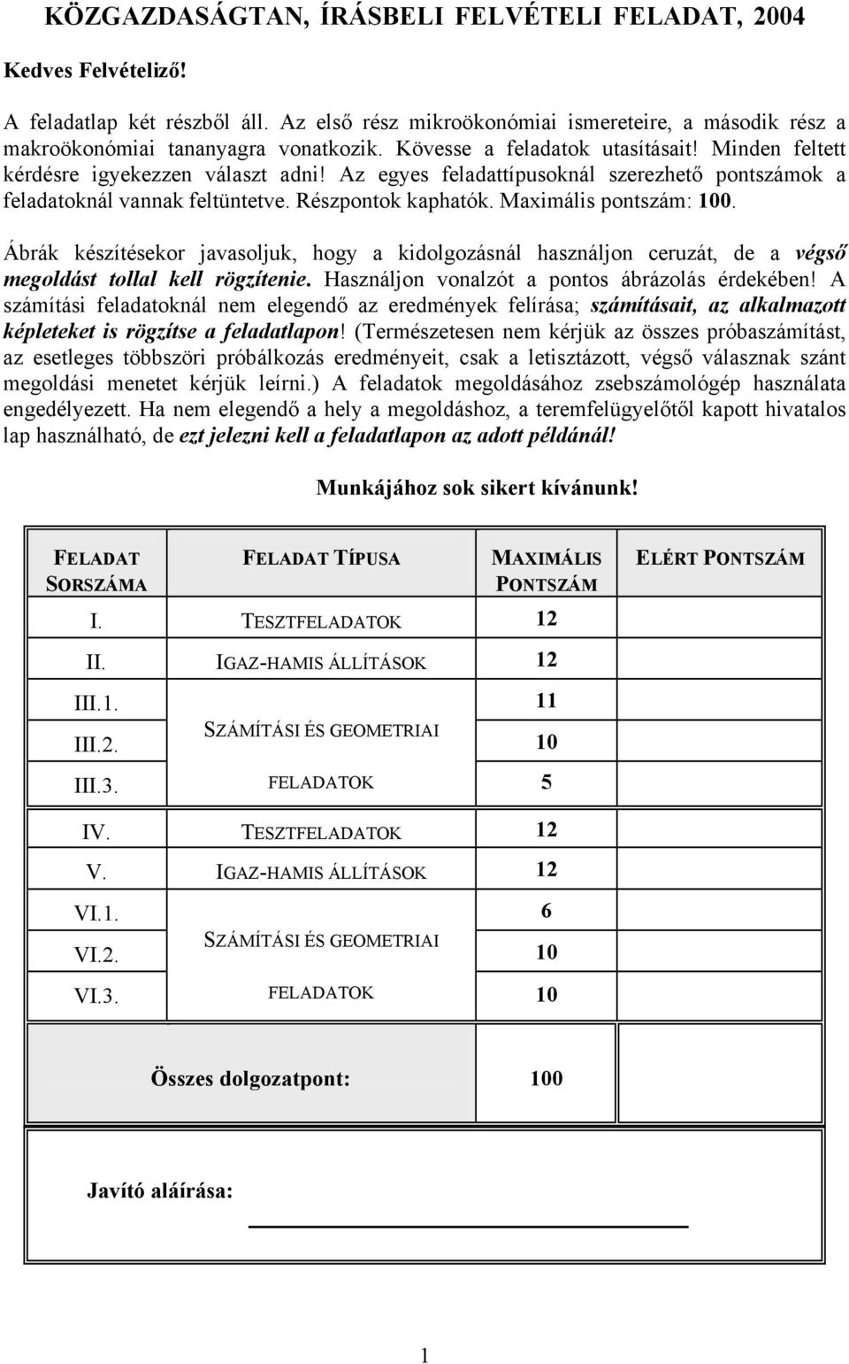 Maximális pontszám: 100. Ábrák készítésekor javasoljuk, hogy a kidolgozásnál használjon ceruzát, de a végső megoldást tollal kell rögzítenie. Használjon vonalzót a pontos ábrázolás érdekében!