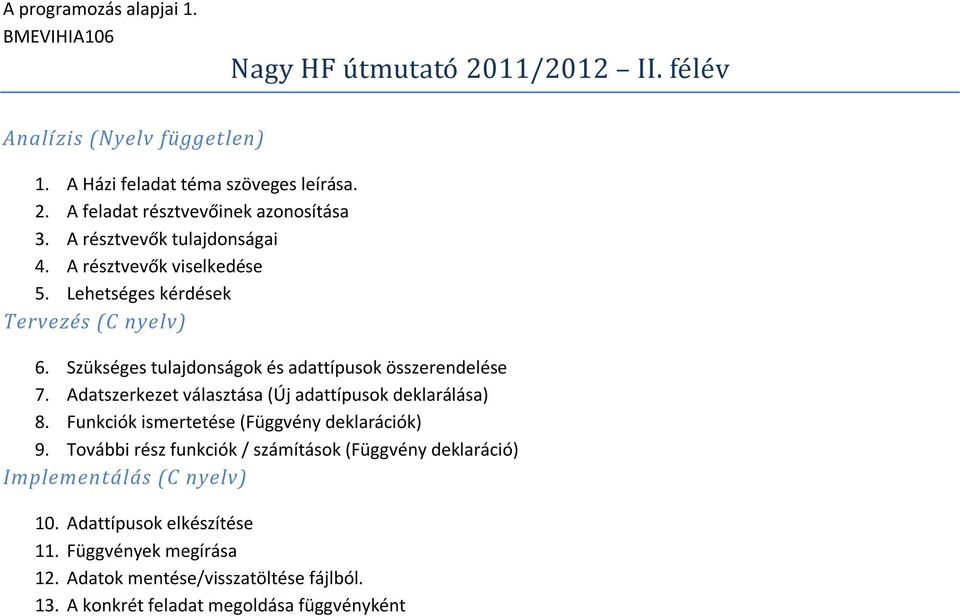 Adatszerkezet választása (Új adattípusok deklarálása) 8. Funkciók ismertetése (Függvény deklarációk) 9.