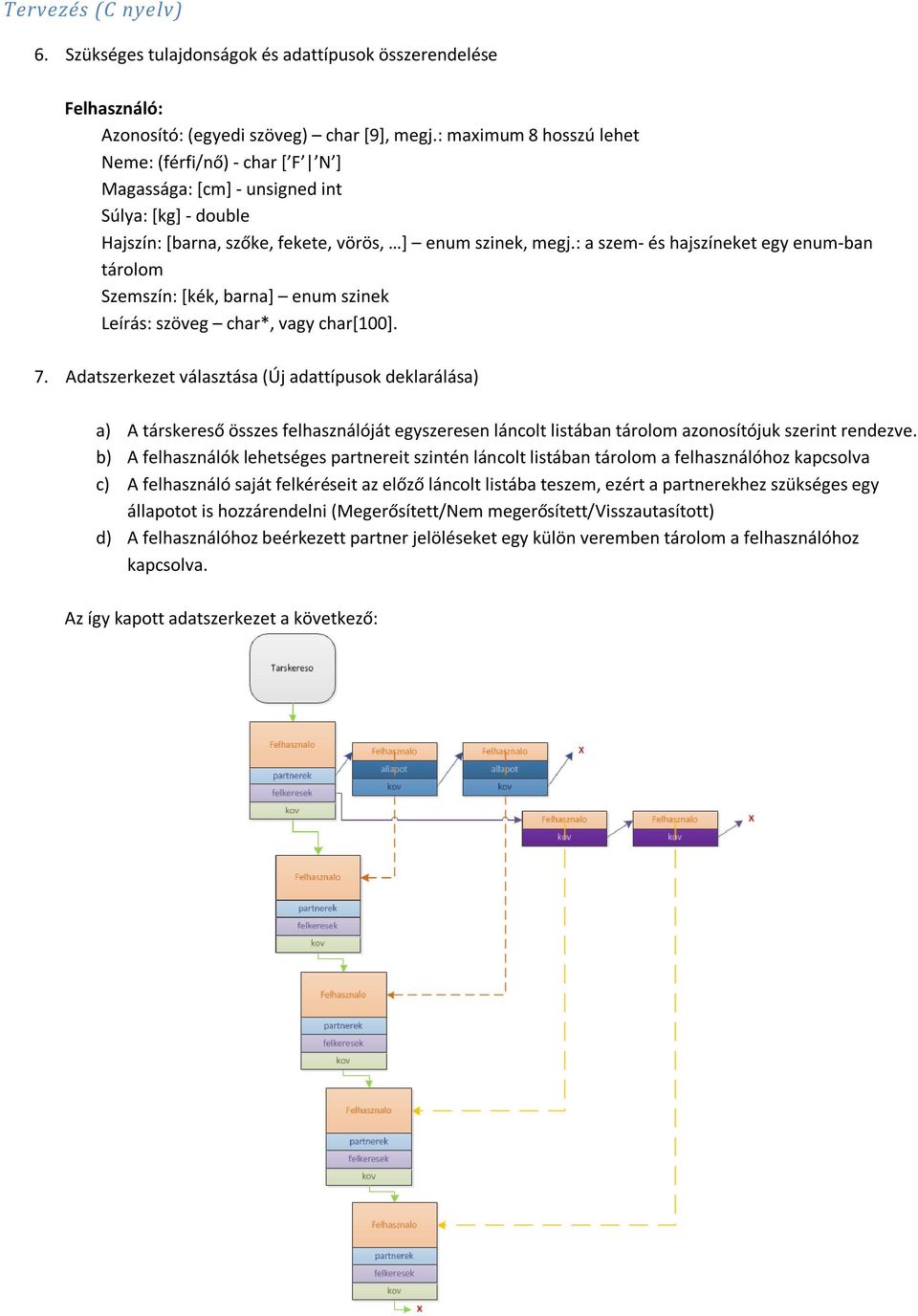 : a szem- és hajszíneket egy enum-ban tárolom Szemszín: [kék, barna] enum szinek Leírás: szöveg char*, vagy char[100]. 7.