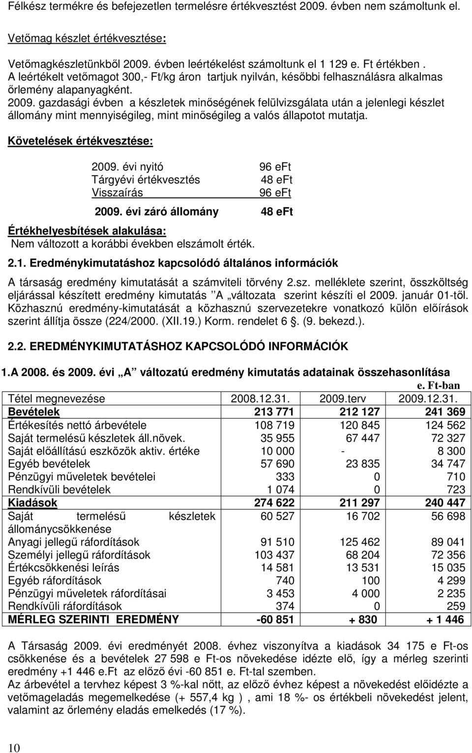 gazdasági évben a készletek minıségének felülvizsgálata után a jelenlegi készlet állomány mint mennyiségileg, mint minıségileg a valós állapotot mutatja. Követelések értékvesztése: 2009.