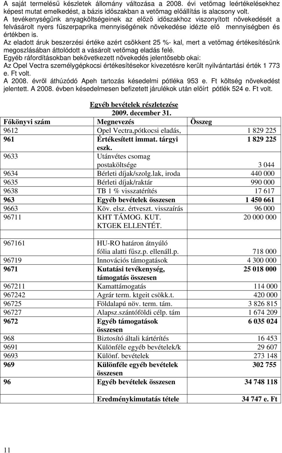 Az eladott áruk beszerzési értéke azért csökkent 25 %- kal, mert a vetımag értékesítésünk megoszlásában áttolódott a vásárolt vetımag eladás felé.