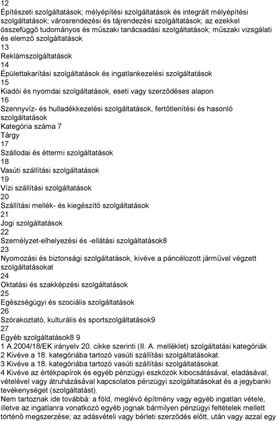 szolgáltatások, eseti vagy szerződéses alapon 16 Szennyvíz- és hulladékkezelési szolgáltatások, fertőtlenítési és hasonló szolgáltatások Kategória száma 7 Tárgy 17 Szállodai és éttermi szolgáltatások