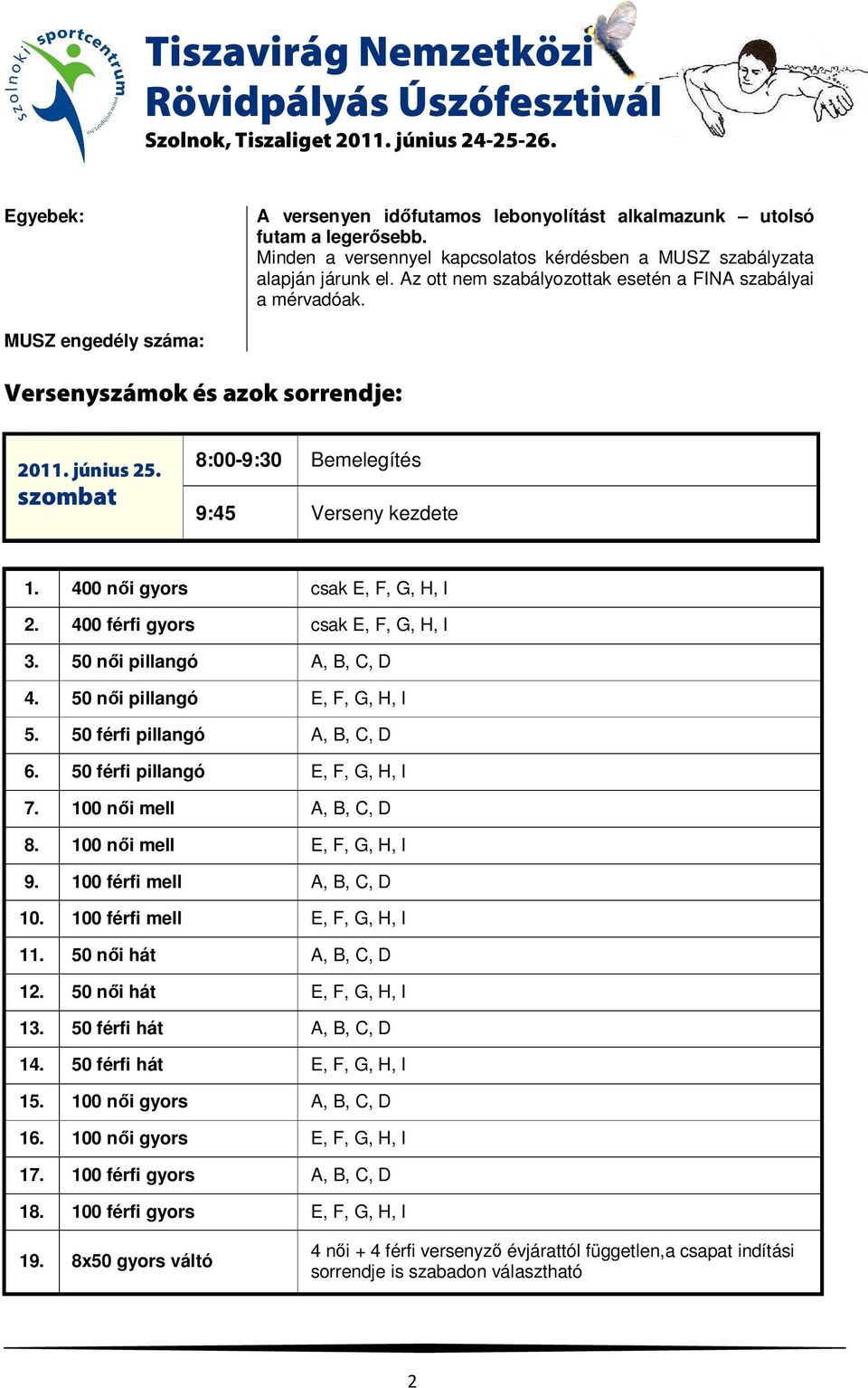 400 nıi gyors csak E, F, G, H, I 2. 400 férfi gyors csak E, F, G, H, I 3. 50 nıi pillangó A, B, C, D 4. 50 nıi pillangó E, F, G, H, I 5. 50 férfi pillangó A, B, C, D 6.